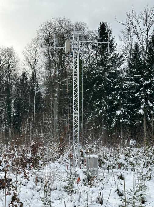 Metal tower in forest clearing, snow