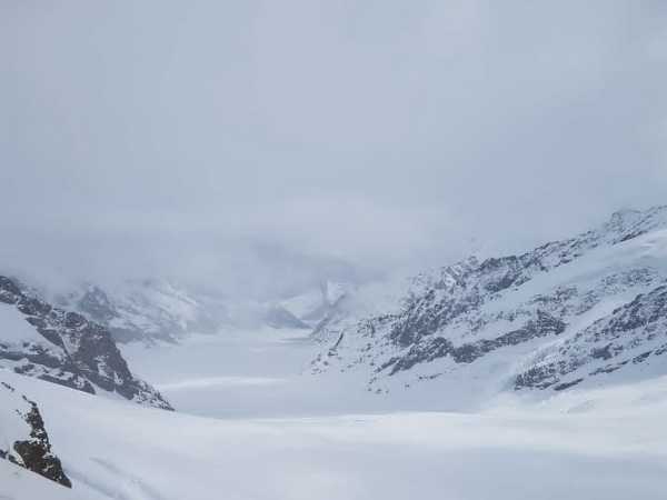 Sunlit top of Aletsch glacier (view towards Concordiaplatz) with mountains to both sides; sky is white