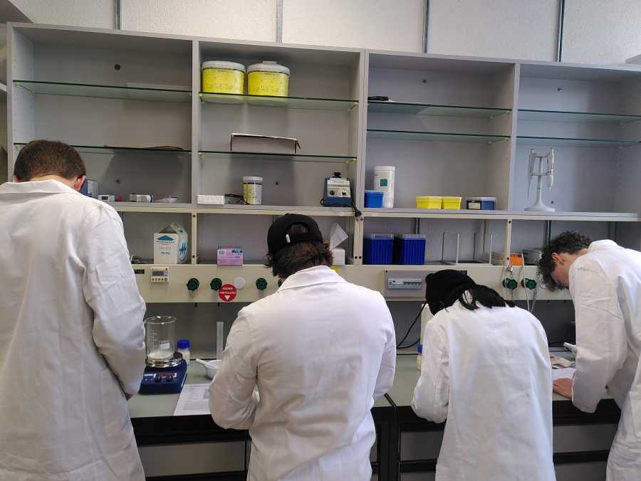 Four men in white lab coats, standing at a lab bench; picture from behind