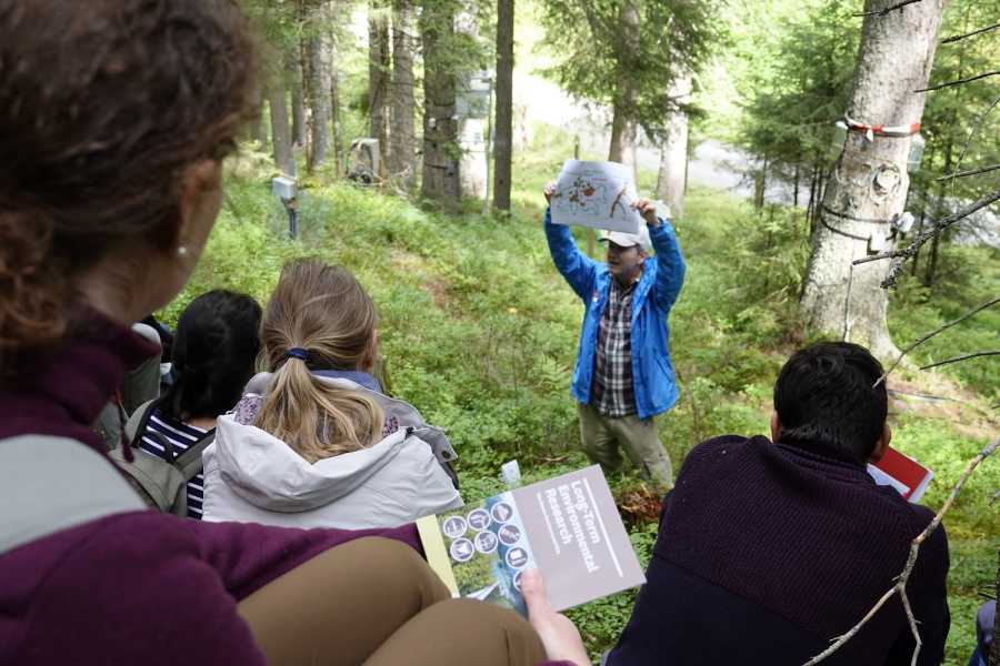 Enlarged view: Man explaining something to a group of students in a forest