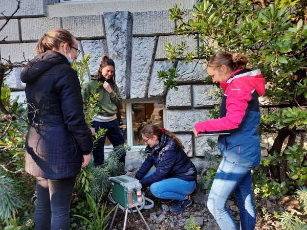 Four students measuring soil gas exchange