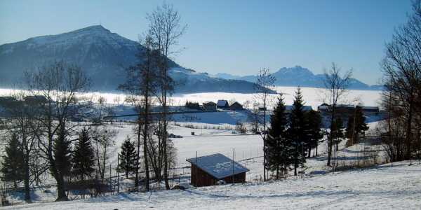 Enlarged view: The Früebüel Swiss FluxNet site in winter (January) with an extended fog deck covering the Reuss valley. Mount Rigi at left, mount Pilatus in far back